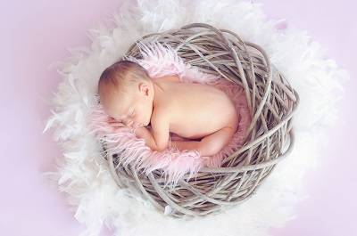 baby sleeping in a nest surrounded by feathers